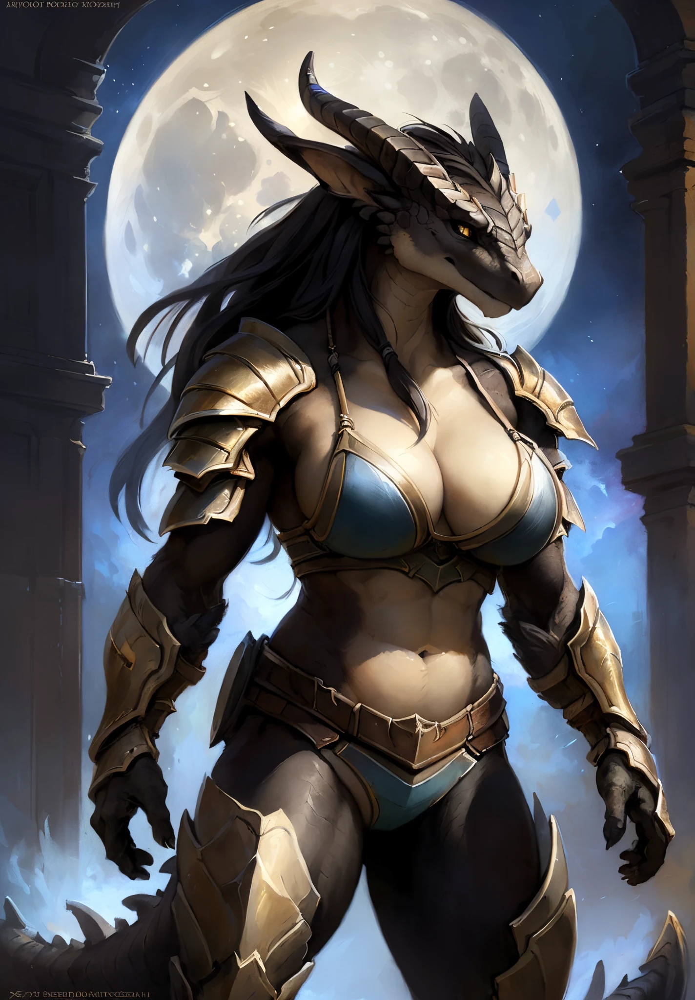 Dragon girl, big chest, day, sexy, sensual, detailed, uploaded to e621, beautiful and detailed portrait of an powerful anthropomorphic dragon ((female))) kenket, ross tran, ruan jia, uploaded to e621, zaush, foxovh, scalie, silver scalie, movie lighting, barbarian armor, standing, moon lights, open legs, long hair, muscular, large breats, bikini armor, epic realism, Black skin