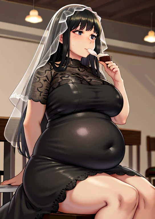 fat, big belly, chubby, osaragi, chubby, black lace dress, black veil, eating  cream in a restaurant, sitting, table with desserts