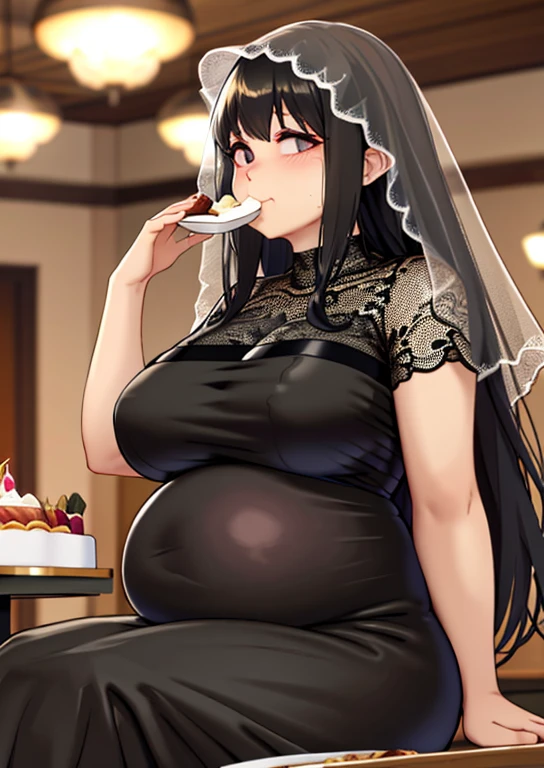 fat, big belly, chubby, osaragi, chubby, black lace dress, black veil, eating  cream in a restaurant, sitting, table with desserts