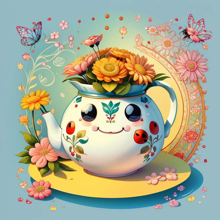 (jcute ladybug smiling with tea pot and flowers) Munchkin ,Geometric multidimensional wall portrait, livro de arte, Tchibi,
Yang08k, Beautiful, Colouring,
Obras, of the highest quality, best quality, Arte Oficial, Beautiful and Aesthetic,