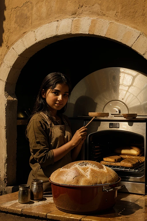 An oven and an Afghan girl baking bread