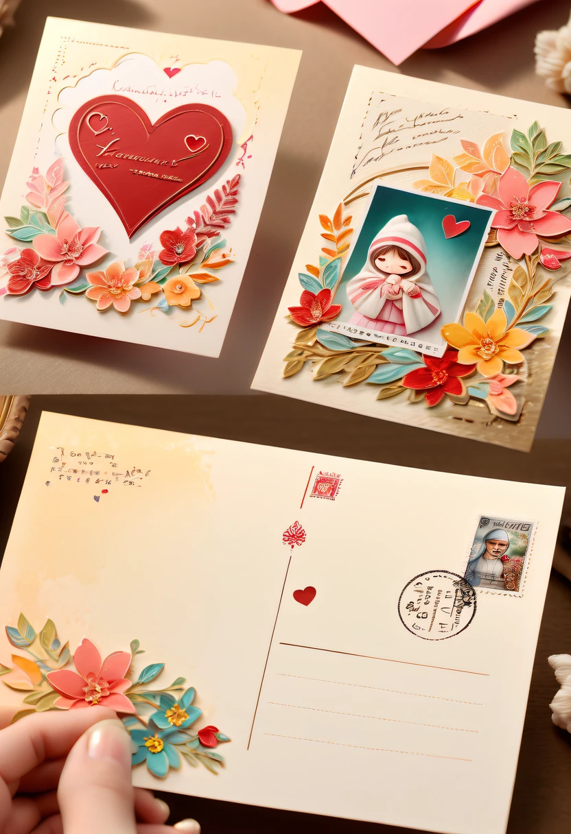 Best quality at best,8K,A high resolution,tmasterpiece:1.2,(actual,strength,photo imprint:1.37),postcard with stamp,mail,unfolding, Art style postcard,Full of lovesickness,'s,Premium:1.1,Colorful,cheerfulness,Handwritten style postcard,warm color,gentlesoftlighting,Detailed stamp,papermaking,Love theme,heart-shaped,youthful,Handmade look,textur,,distress,youthful,Personal Style,Thoughtful message,romantic scenes,Emotion,Precious memories,moments worth cherishing,pen pal fun,harvest,Edition,Precious souvenirs,Decorative elements,There love,art souvenirs,Artistic creation,Artistic expression,Vibrant colors,Delicate openwork,unique design,Sentimental Journey.