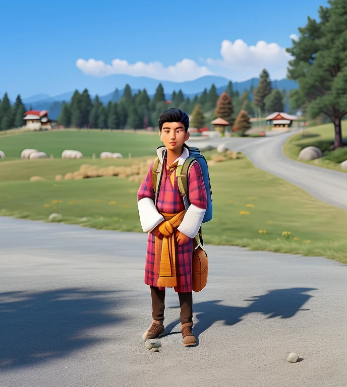 Bhutanese man with a backpack and a backpack standing in front of a tree, around 1 , profile picture, 8k selfie photograph, headshot profile picture, professional profile picture, portait photo profile picture, detailed unblurred face, in front of a forest background, profile pic, taken at golden hour, portrait mode photo, during autumn