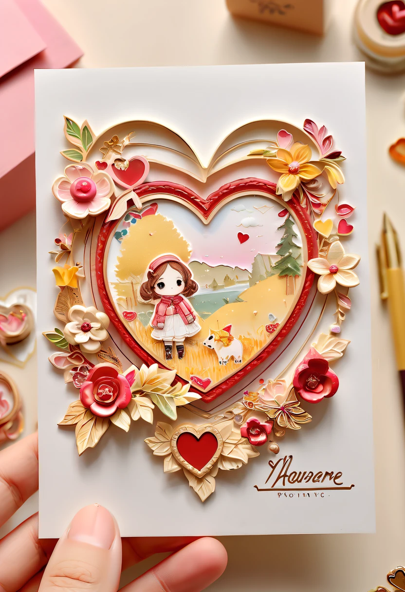 Best quality at best,8K,A high resolution,tmasterpiece:1.2,(actual,strength,photo imprint:1.37),postcard with stamp,mail,unfolding, Art style postcard,Full of lovesickness,'s,Premium:1.1,Colorful,cheerfulness,Handwritten style postcard,warm color,gentlesoftlighting,Detailed stamp,papermaking,Love theme,heart-shaped,youthful,Handmade look,textur,,distress,youthful,Personal Style,Thoughtful message,romantic scenes,Emotion,Precious memories,moments worth cherishing,pen pal fun,harvest,Edition,Precious souvenirs,Decorative elements,There love,art souvenirs,Artistic creation,Artistic expression,Vibrant colors,Delicate openwork,unique design,Sentimental Journey.