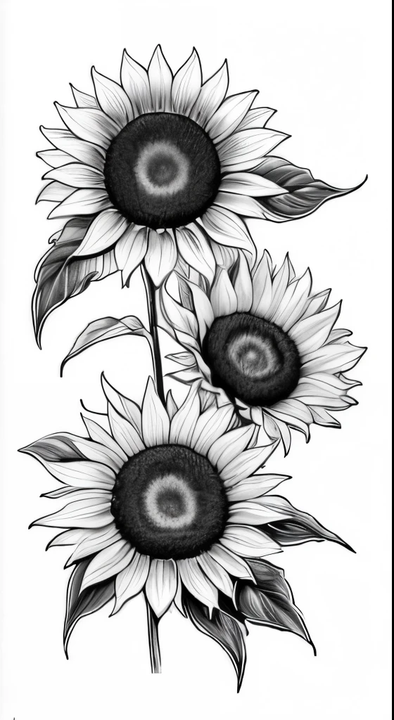 a black and white drawing of two sunflowers with leaves, detailed flowers, realistic black and white, flowers with intricate detail, black and white detailed sketch, black and white coloring, immaculate shading, black and white color only, sunflowers, sketch black and white colors, daisies, realism tattoo drawing, tattoo design, down left arm and back, long petals, extremely detailed shading