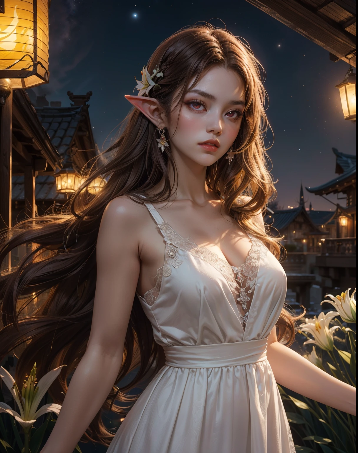 mysterious, elvish, (a perfect face:1.1), (high detail:1.1),Enigmatic, (graceful girl with fair skin, long flowing brown hair and fiery red eyes), (pale skin), 独奏, Long hair, luna, night time, blue luxury dress, plump scarlet lips, empty night city, Detailed background, lanterns, Lights, White lilies