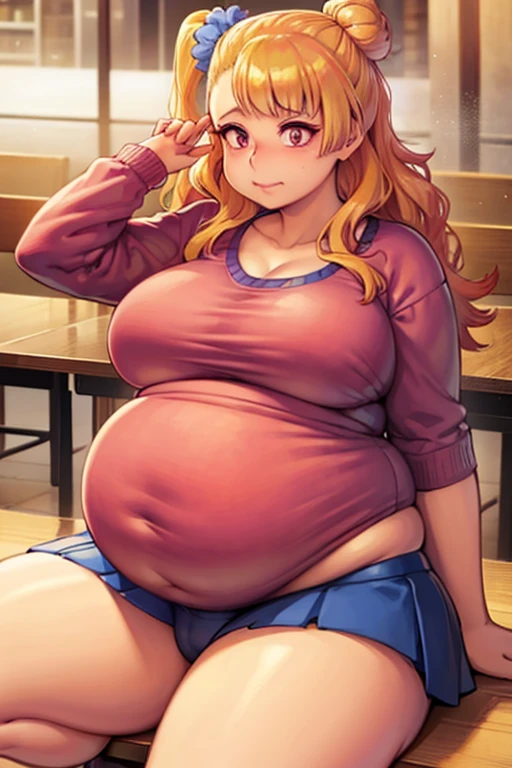 Fat, chubby, large belly, pregnant, obese, very fat, Galko, big belly, very fat, large stomach, chubby (best quality, masterpiece), thanksgiving, wearing sweater, grabbing belly, sitting down, table with of food, table tons of food, lots of food, holding belly, table with food, sitting on sofa, eating  cream