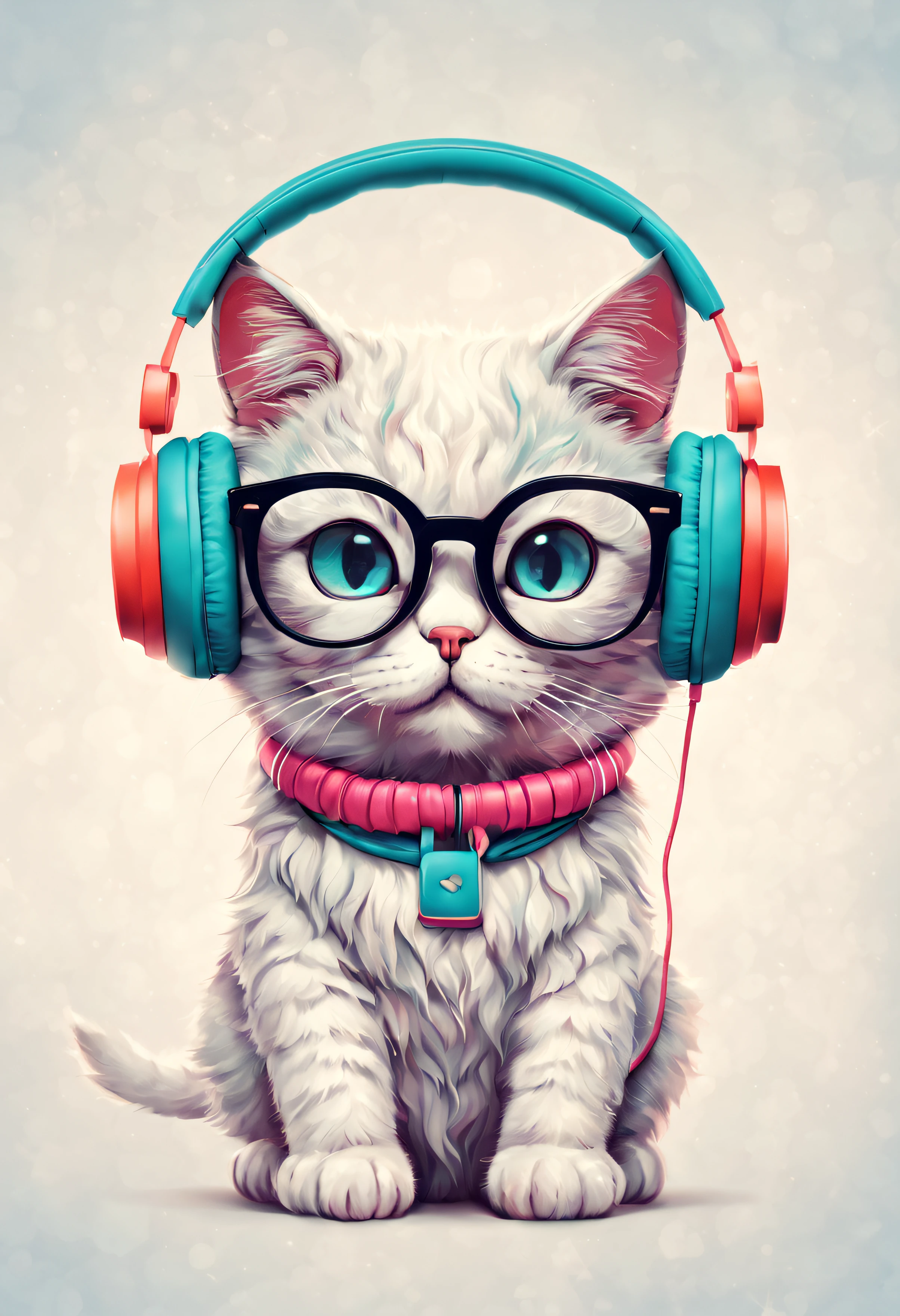 a cute cartoon cat wearing oversized, colorful headphones and perhaps donning a pair of stylish glasses