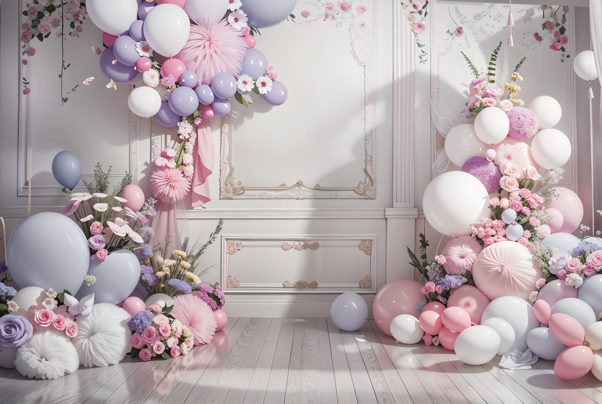 Balloons and flowers are arranged in a room with a wall, ethereal and dreamy theme, Tema de color pastel, ballroom background, en colores pastel, dreamy atmosphere and drama, ornate backdrop, magical fairy background, fondo coloreado, con colores rosas suaves, Fondo de pintura de estilo barroco, Globos de fiesta, photo studio background, dreamy and detailed, colores pastel apagados, Colores pastel, Only pastel colors