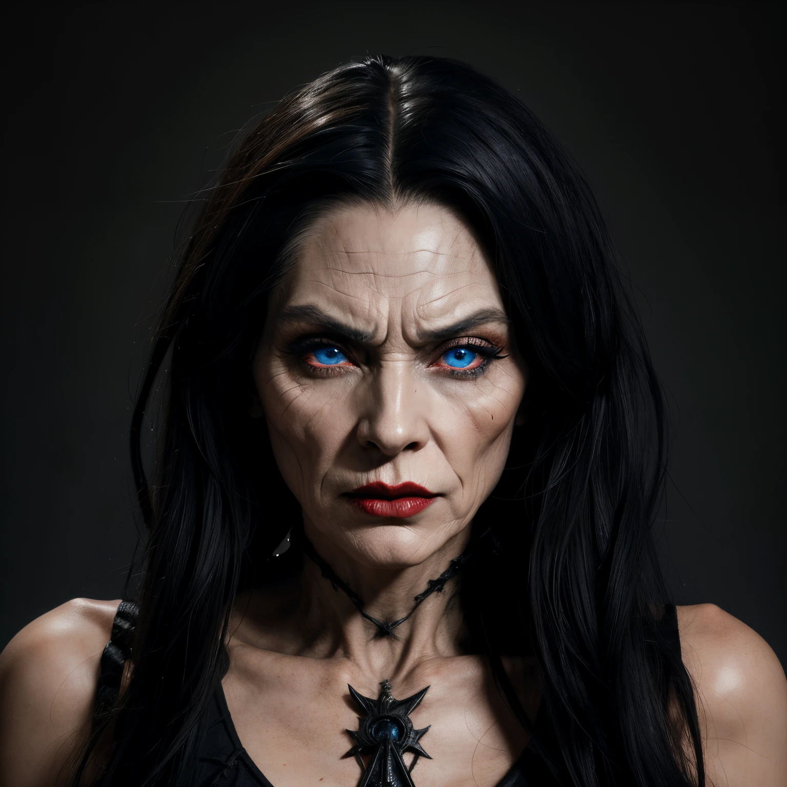 Very old witch, white and wrinkled skin, long bony thin face, high cheekbones, big lips with red lipstick, very very big blue eyes, black gothic makeup,
Very angry and scary, big bony nose, mean, dangerous selfish ruthless domineering with slicked back hair