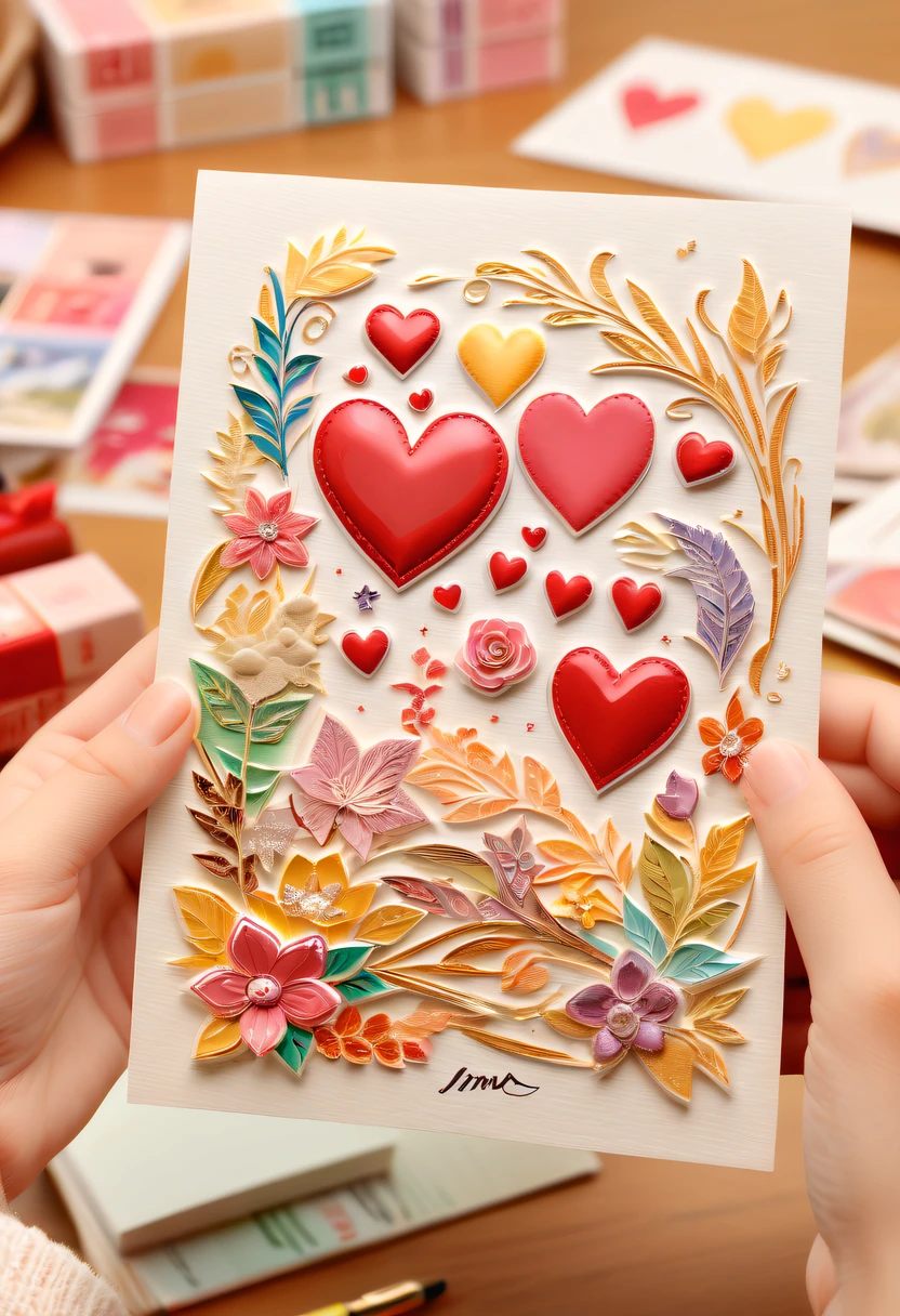 Best quality at best,8K,A high resolution,tmasterpiece:1.2,(actual,strength,photo imprint:1.37),postcard with stamp，mail，unfolding， Art style postcard，Full of lovesickness,'s,Premium:1.1,Colorful,cheerfulness,Handwritten style postcard,warm color,gentlesoftlighting,Detailed stamp,papermaking,Love theme,heart-shaped,youthful,Handmade look,textur,,distress,youthful,Personal Style,Thoughtful message,romantic scenes,Emotion,Precious memories,moments worth cherishing,pen pal fun,harvest,Edition,Precious souvenirs,Decorative elements,There  love,art souvenirs,Artistic creation,Artistic expression,Vibrant colors,Delicate openwork,unique design,Sentimental Journey.