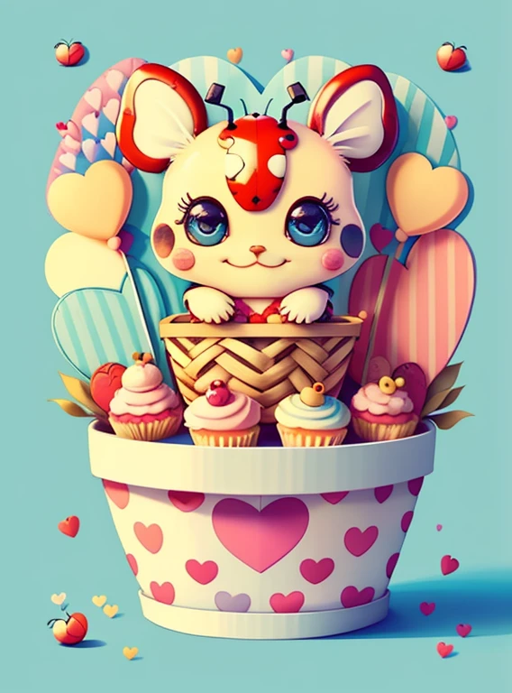 (cute ladybug smiling with basket of hearts and cupcakes) Munchkin ,Geometric multidimensional wall portrait, livro de arte, Tchibi,
Yang08k, Beautiful, Colouring,
Obras, of the highest quality, best quality, Arte Oficial, Beautiful and Aesthetic,