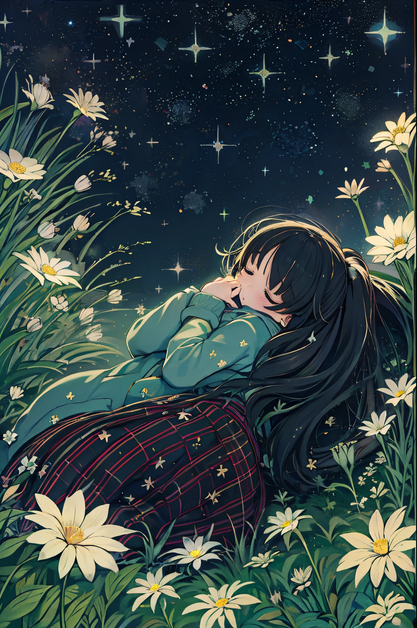 tiny girl, Flowers, Sleeping, Long Black Hair, Night, Starry sky