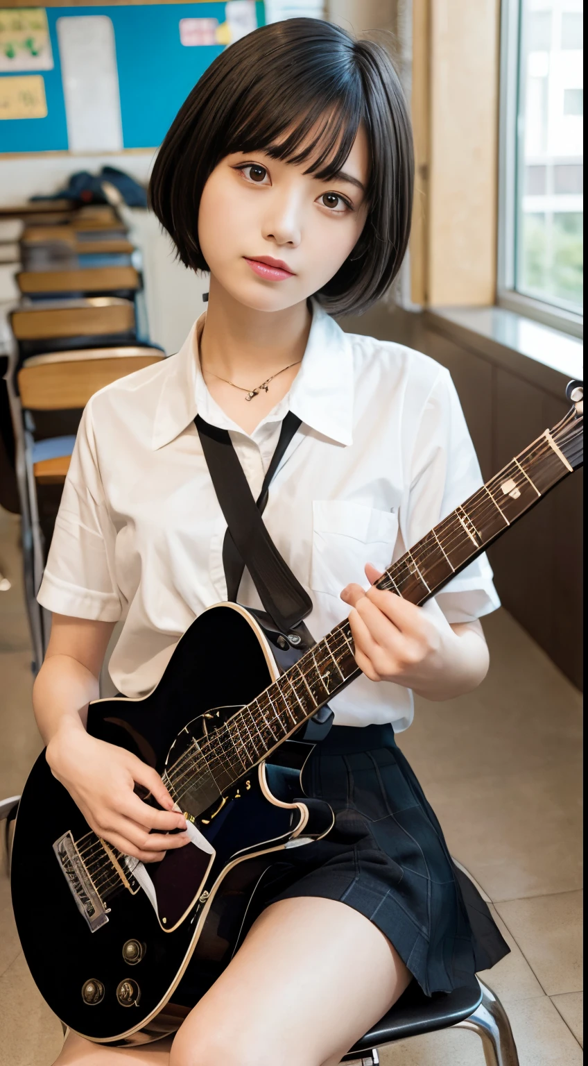 Masterpiece,high quality, schoolgirl,black short hair, messy hair,black serafuku,sitting on chair, very disgusting look, (guitar:1.2) ,crowd,classroom