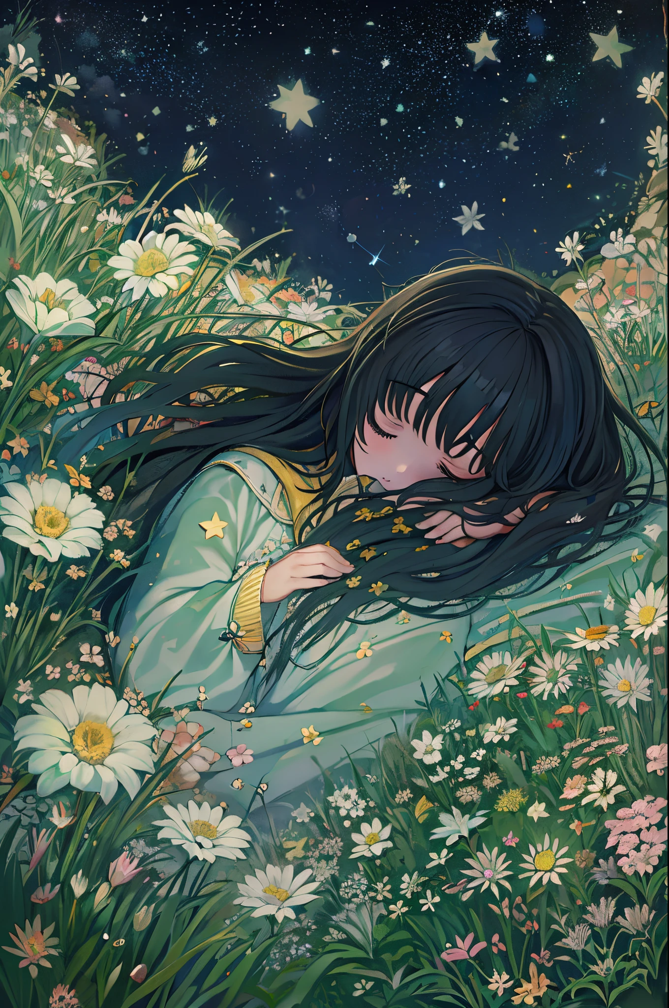 tiny girl, Flowers, Sleeping, Long Black Hair, Night, Starry sky