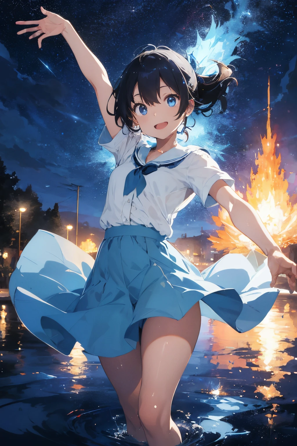 Brilliant star rain, Flames, girl in sky blue, freedom dance, clear surface of water with reflection of sparkling highlights