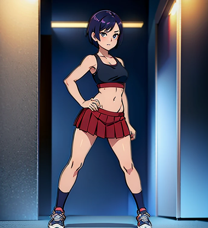 Sexy woman, short pleated skirt, cropped t-shirt, crop top, sports bra, knee high socks, full body, standing, short hair, sexy, posing