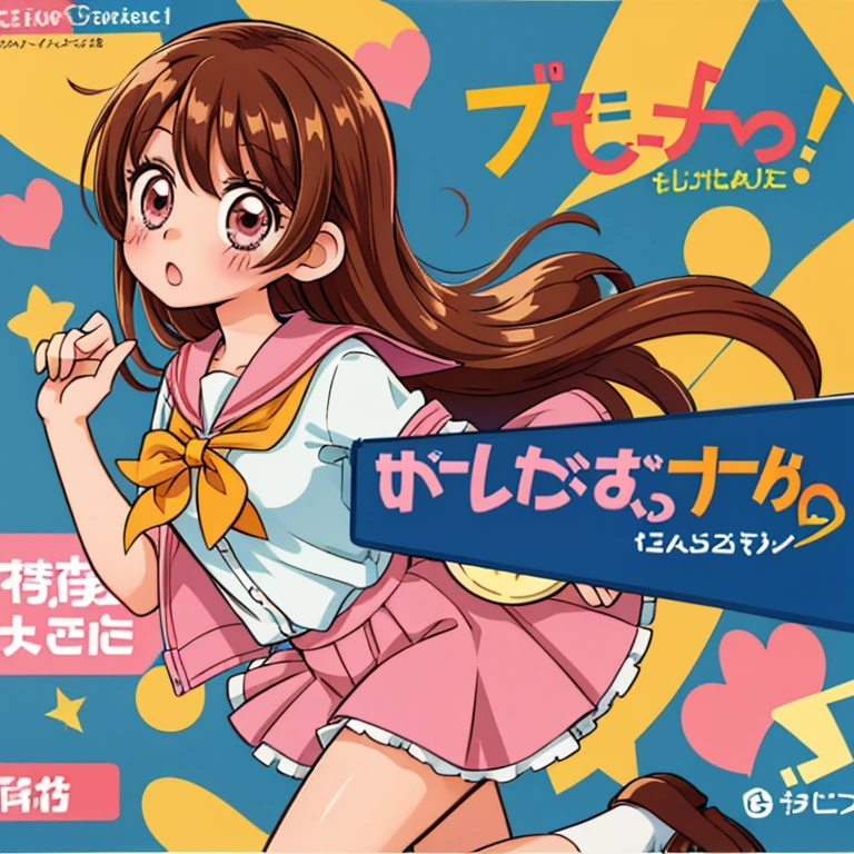 Anime girl, manga style, 1girl, solo, blush, brown hair, long brown hair, pink eyes, school girl uniform