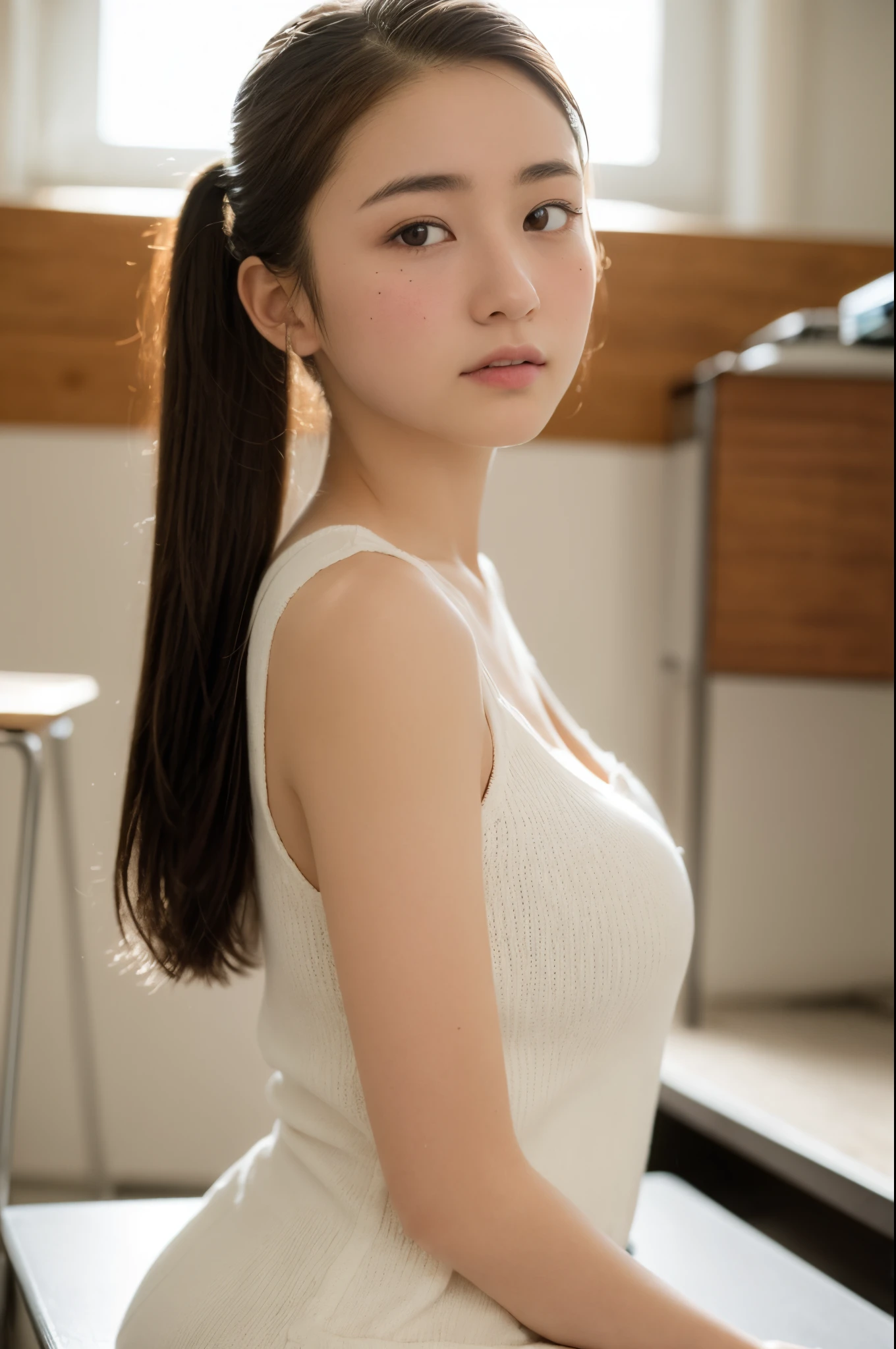 reflective light, Chiaroscuro, depth of fields, Cinematic lighting, Ray tracing, Sony FE , nffsw, Super Detail, masutepiece, Textured skin, high details, Best Quality, awardwinning,、years、poneyTail、a beautifulchi girl、Juuge-breasted、Too big、Sagging milk、full bodyesbian、