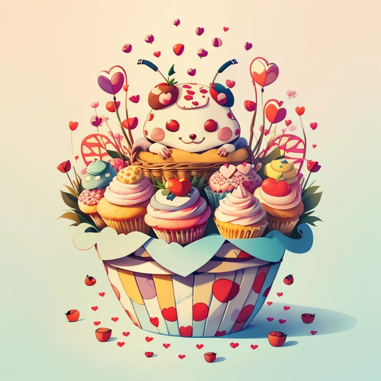 (cute ladybug smiling with basket of hearts and cupcakes) Munchkin ,Geometric multidimensional wall portrait, livro de arte, Tchibi,
Yang08k, Beautiful, Colouring,
Obras, of the highest quality, best quality, Arte Oficial, Beautiful and Aesthetic,