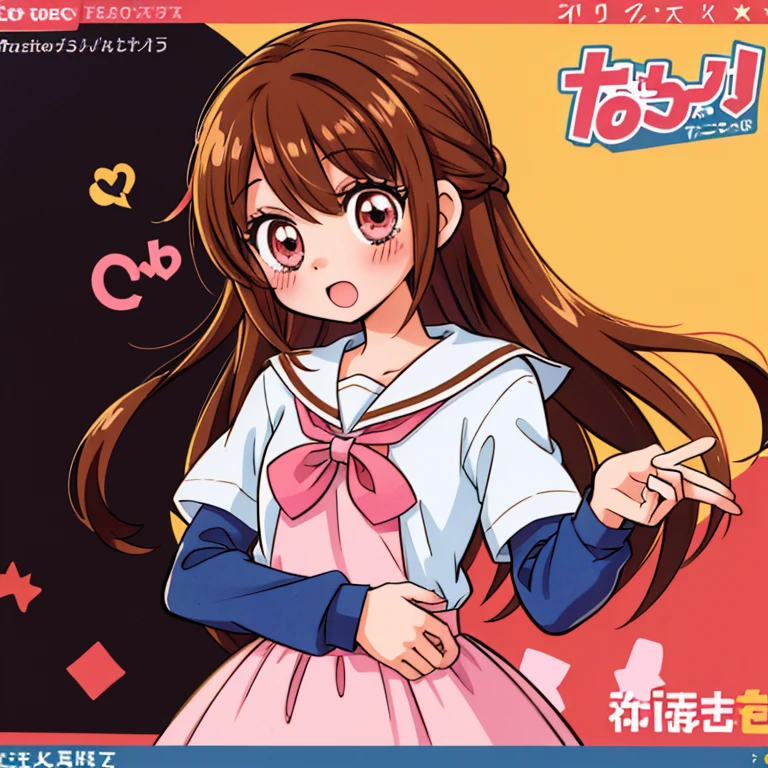 Anime girl, manga style, 1girl, solo, blush, brown hair, long brown hair, pink eyes, school girl uniform