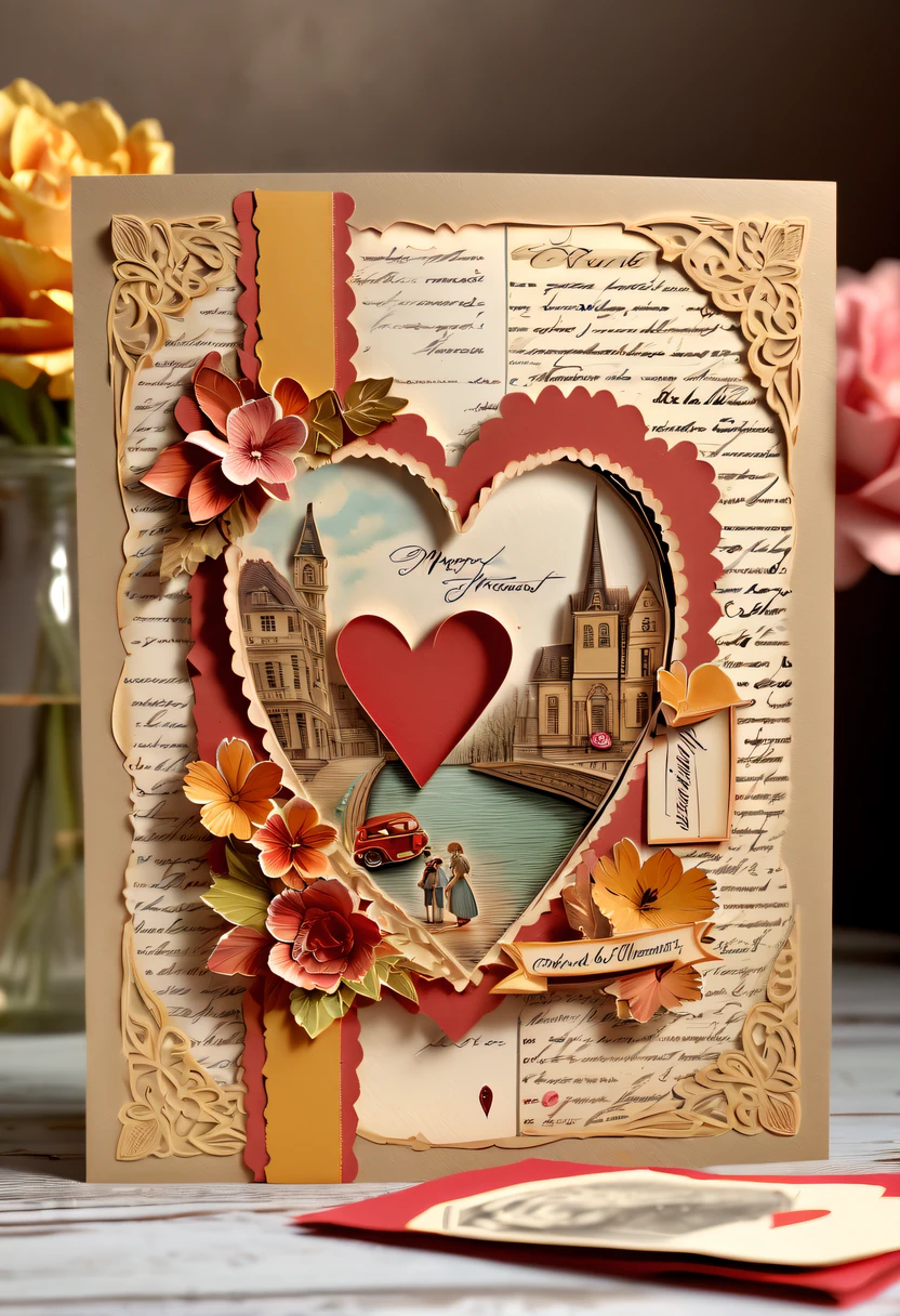 Best quality at best,4K,8K,A high resolution,tmasterpiece:1.2,(actual,realisticlying,Photorealistic:1.37),retrospective,Premium:1.1,Vintage:1.1,Colorful,cheerfulness,Handwritten style postcard,warm color,softlighting,Detailed stamp,papermaking,love themed,heart-shaped,Old fashioned,Handmade look,textur,torn edges,distress,senile,Personal Style,Thoughtful message,romantic scenes,Emotional connection,Precious memories,moments to cherish,pen pal fun,Collectibles,Limited edition,Precious souvenirs,Decorative elements,Handmade with love,art souvenirs,Artistic creation,Artistic expression,vivd colour,Delicate cutouts,unique design,Sentimental Journey.
