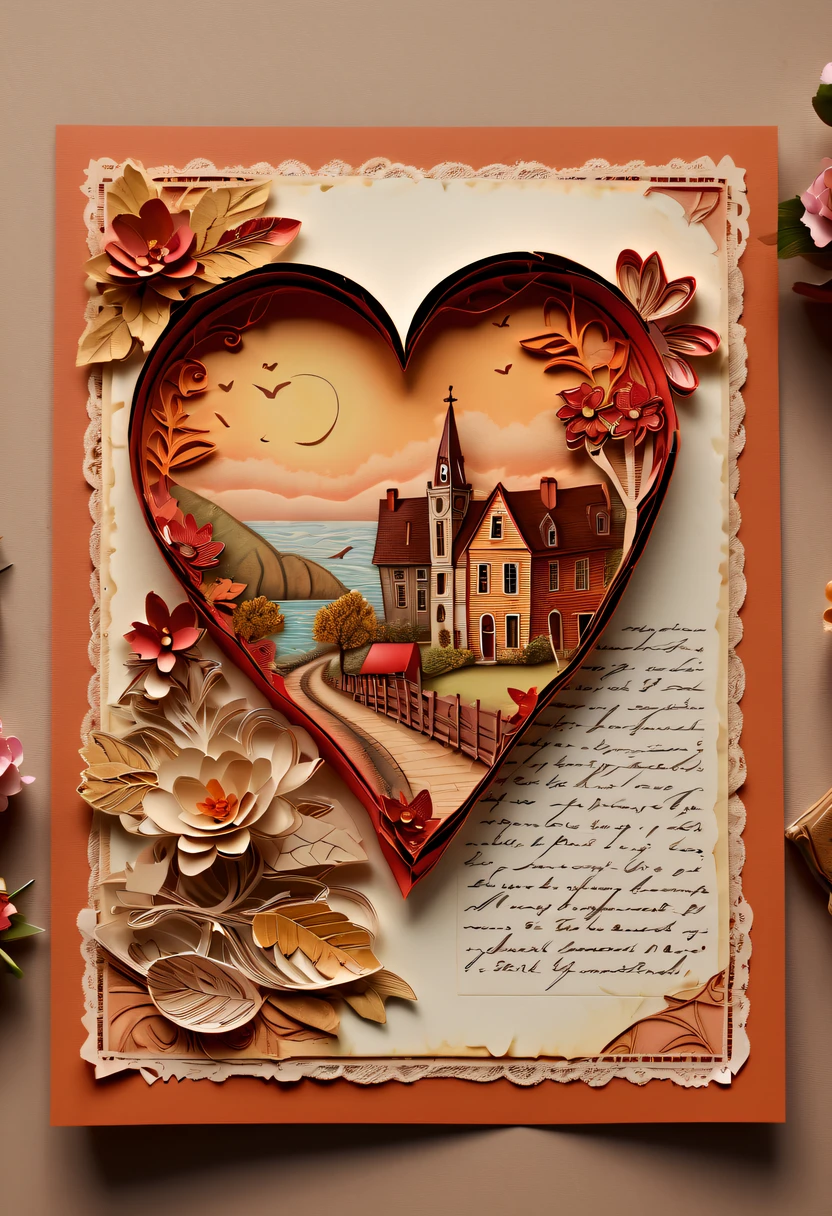 Best quality at best,4K,8K,A high resolution,tmasterpiece:1.2,(actual,realisticlying,Photorealistic:1.37),retrospective,Premium:1.1,Vintage:1.1,Colorful,cheerfulness,Handwritten style postcard,warm color,softlighting,Detailed stamp,papermaking,love themed,heart-shaped,Old fashioned,Handmade look,textur,torn edges,distress,senile,Personal Style,Thoughtful message,romantic scenes,Emotional connection,Precious memories,moments to cherish,pen pal fun,Collectibles,Limited edition,Precious souvenirs,Decorative elements,Handmade with love,art souvenirs,Artistic creation,Artistic expression,vivd colour,Delicate cutouts,unique design,Sentimental Journey.