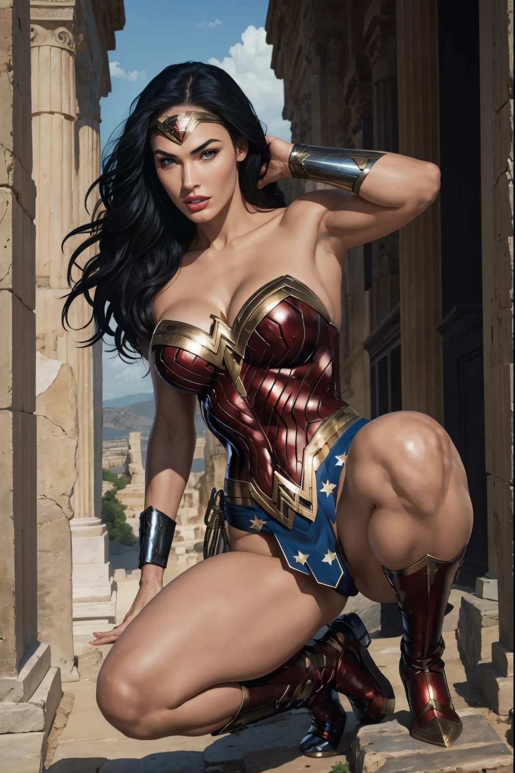 Art image of megan fox as a sexy Wonder Woman, busty, beautiful, black hair, large breasts, ancient Athens background, by Louis Royo, Boris Vallejo, Frank Frazetta, extreme focus, sharp details, sexy, crouching down, cleavage