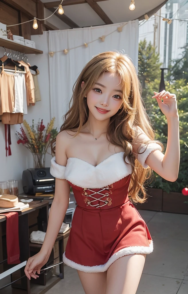 top-quality、​masterpiece、超A high resolution、Photorealsitic、Raw foto、1girl in、Sexy appearance、Hair on the shoulders、The lower half is curled and sauvage、Cute smile like a model、frontage、Hair color is blonde、Tight yellow mini skirt、Ordinary high heels、Eyes are double、Wearing mascara、Cute pose like a model、Clear face、Christmas Day、Wearing a Santa costume in a bright room、Gorgeous like a model、Ultimate Beauty、Cute smile、Bright smile、masuter piece、Best Quality、