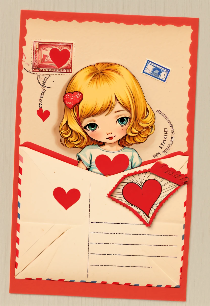 70's,postcard with stamp,mail,unfolding, art style postcard,Full of lovesickness,
