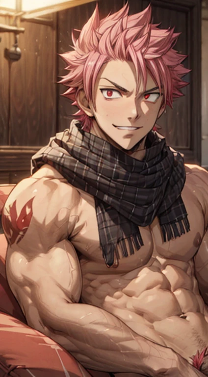 masterpiece, best quality red eyes, game cg, 1boy,  male solo, male focus, looking at viewer smiling widely, upper body, Natsu Dragneel natsu_dragneel, pink hair, red eyes, shirtless ((naked)), toned muscle, pectorals, 8 abs, toned legs, naked, slightly bulged, in living room on sofa, detailed, spotlight, well lit, ((white scarf:1.1 )) ((penis:1.2))