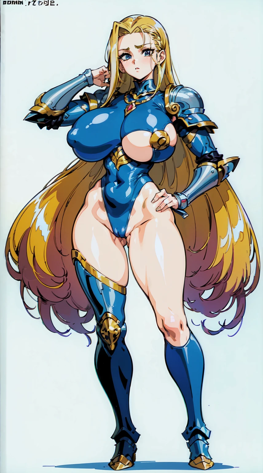 "(masterpiece:1.1), best quality, 
1girl, (80s anime style:1.3), (eyelashes:1.5), (loli:1.2), 
(intricate high detailed body:1.2), 
(blonde hair:1.1), (hair slicked back:1.2), (long hair, drill hair:1.2), (headband:1.2), 
red eyes, (lip stick:1.3), (thick eyebrows:1.1), 
(pale skin:1.3), (slim body:1.1), (:1.5), 
( face:1.2), 
(high cut leotard armor, underboob cutout:1.2), 
(knight armor, armored boots:1.2), (streaked hair:1.2), necklace, 
standing, hand on hip, 
(dynamic pose:1.1), (full body, looking at viewer, from front:1.1),
(simple white background:1.2)"