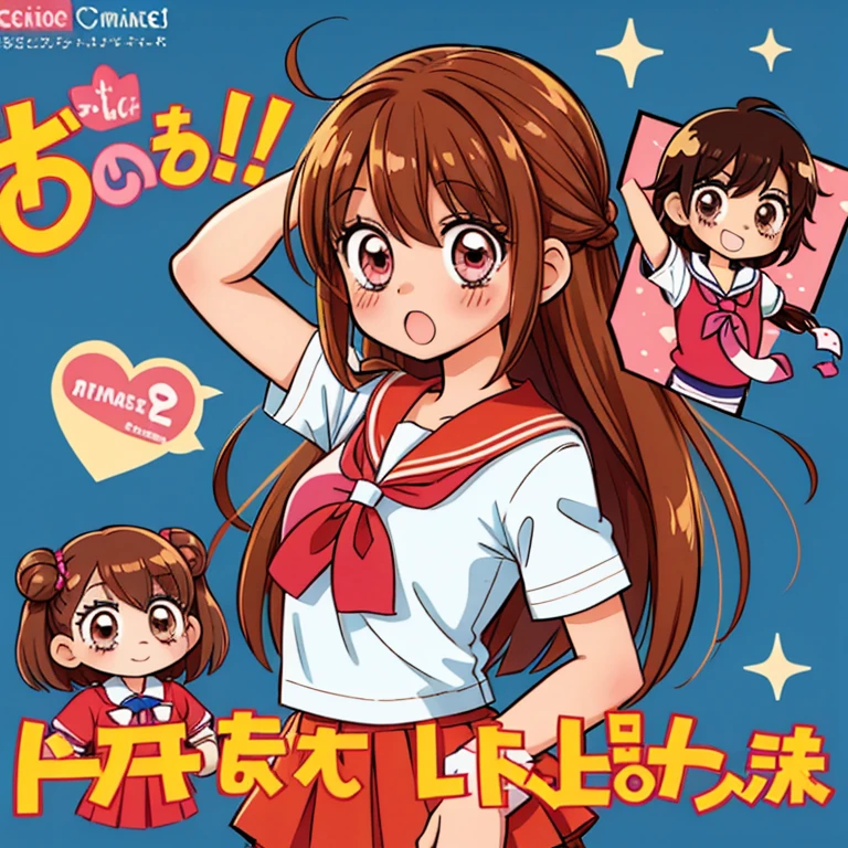 Anime girl, manga style, 1girl, solo, blush, brown hair, long brown hair, pink eyes, school girl uniform