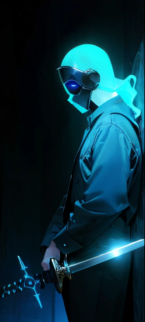(best quality,4k,highres,masterpiece:1.2),ultra-detailed,photo-realistic,(dark,dramatic,strong:1.1) lighting,a man in a ghost mask,(eerie,mesmerizing) blue lights behind it,weapon,glowing,gloomy,1boy,sword,solo,male focus,holding,helmet