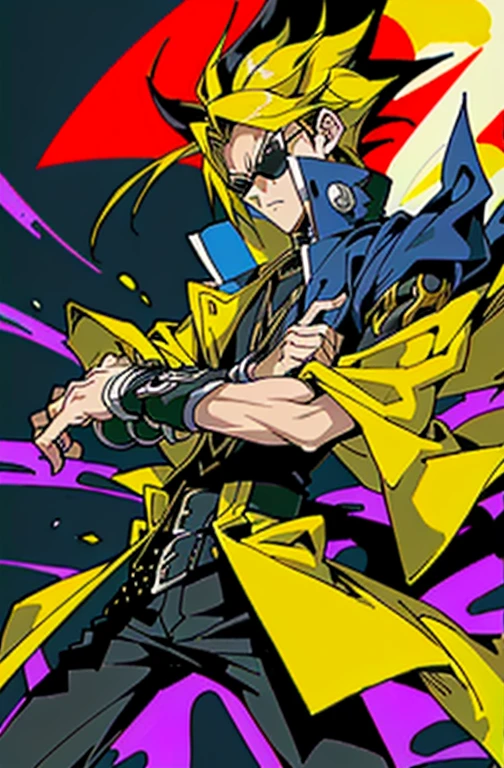 a man in a yellow coat and sunglasses next to another man, Traje real de Akira, Gatilho Estilo de Arte de Anime, guilty gear strive splash art, Estilo de arte da pessoa, arte chave do anime, Arte Oficial, Parte Brando, Arte Oficial altamente detalhada, Estilo de arte Guilty Gear, Estilo de arte de Demon Slayer, Epic anime style, Persona 5 Estilo Arte wlop, KDA, better arms