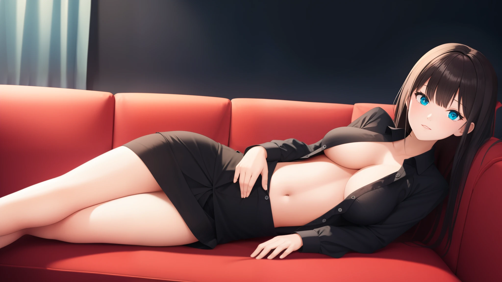 dark, busty, ager, short skirt, relaxing on couch, very tight unbuttoned shirt,