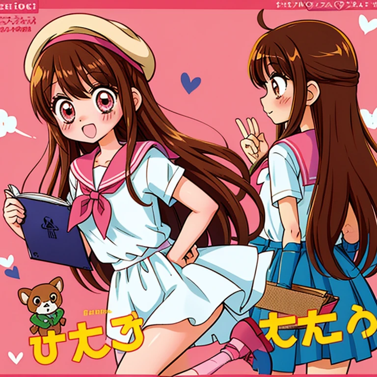 Anime girl, manga style, 1girl, solo, blush, brown hair, long brown hair, pink eyes, school girl uniform