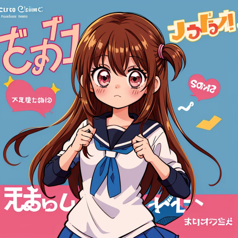 Anime girl, manga style, 1girl, solo, blush, brown hair, long brown hair, pink eyes, school girl uniform