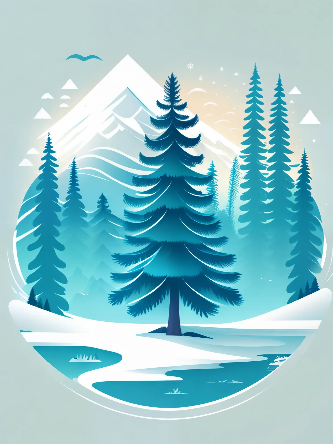 A spruce tree in a winter landscape, t-shirt design, rzminjourney, vector art