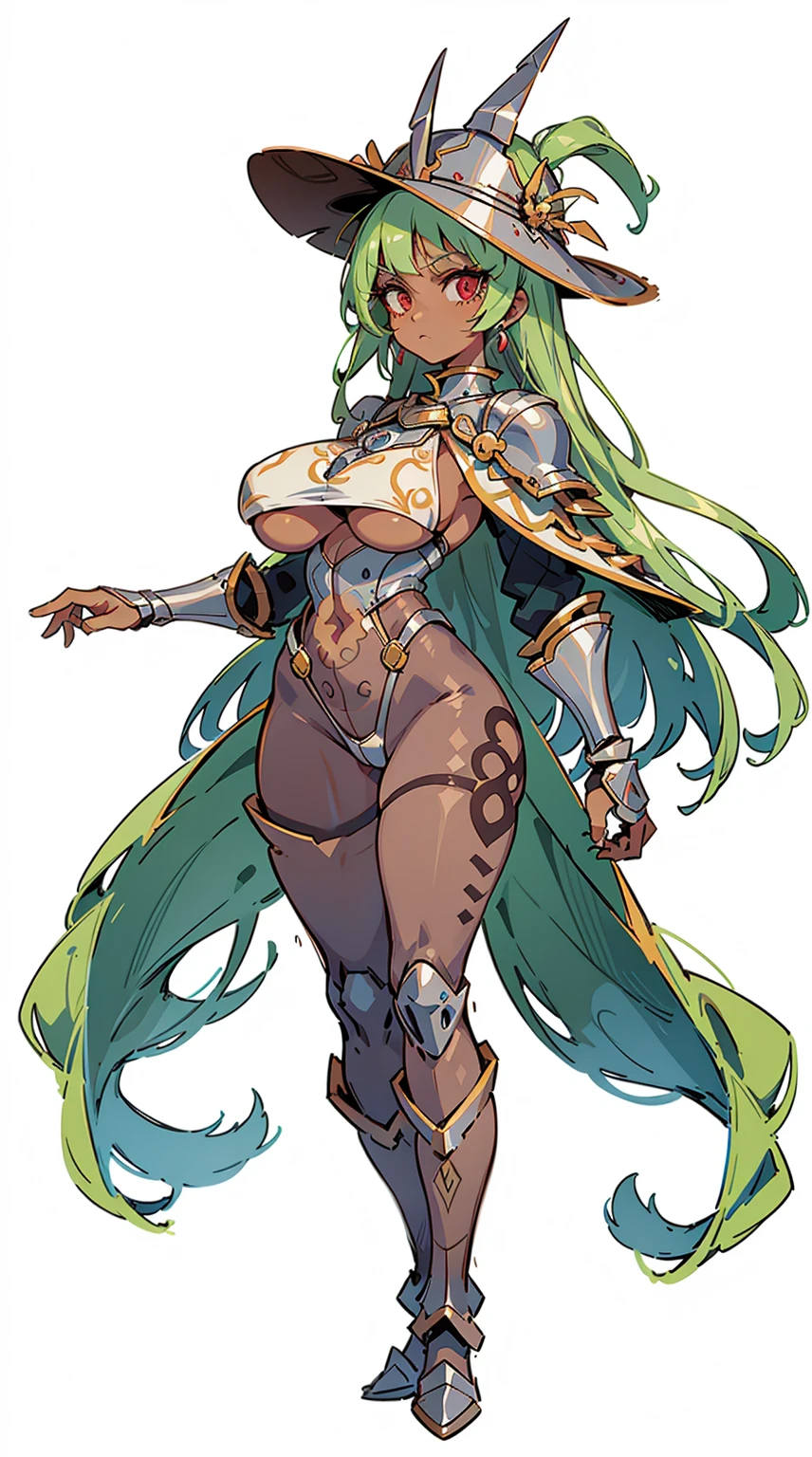 "(masterpiece:1.1), best quality,
1girl, (80s anime style:1.3), (eyelashes:1.5), (:1.2),
(intricate high detailed body:1.2),
(green hair:1.1), (blunt bangs:1.1), (long hair:1.1), (holy hat:1.2),
red eyes,
(dark skin:1.5), (gigantic breasts:1.5),
(expressionless:1.2),
(lace body suit armor, underboob cutout:1.2), (pantyhose:1.2),
(spiked knight armor, armored boots, capelet:1.2), (frill:1.1), (earrings:1.1), gauntlets,
standing,
(dynamic pose:1.1), (full body, looking at viewer, from front:1.1),
(simple white background:1.2)"