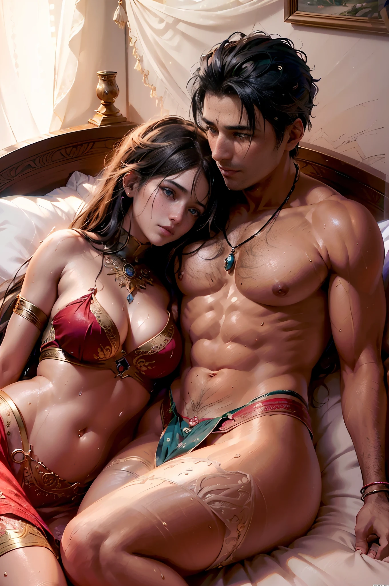 Generate a tender and romantic digital illustration of an Indian couple fucking while lying on a bed. Capture the warmth of their connection, paying attention to cultural details in their attire and surroundings. Create an atmosphere of intimacy and affection, portraying the beauty of their relationship. (show cleaveage), (show underboob), (show sexy belly). (show thigh), masterpiece, best quality:1.2),(8k,highres,RAW photo,realistic,photo-realistic:1.3),(detailed skin texture,detailed cloth texture,beautiful detailed face:1.25),professional lighting,photon mapping,beautiful soft light,radiosity,physically-based rendering,model shoot style, model shoot style, (extremely detailed CG unity 8k wallpaper), full shot body photo of the most beautiful artwork in the world, complex 3d render ultra detailed, looking at viewer, 18 yo, wet hair, real human skin, vibrant details, hyperrealistic, beautiful, octane render, 8k, best quality, masterpiece, an extremely delicate and beautiful, extremely detailed ,CG ,unity ,wallpaper, (realistic, photo-realistic:1.37),Amazing, finely detail, masterpiece,best quality,official art, extremely detailed CG unity 8k wallpaper ,extreme detailed eyes, (perfect face), shiny skin, colorful, highest detailed, vibrant colors, ultra high res, (high contrast), intricate, lens flare, nude, fucking