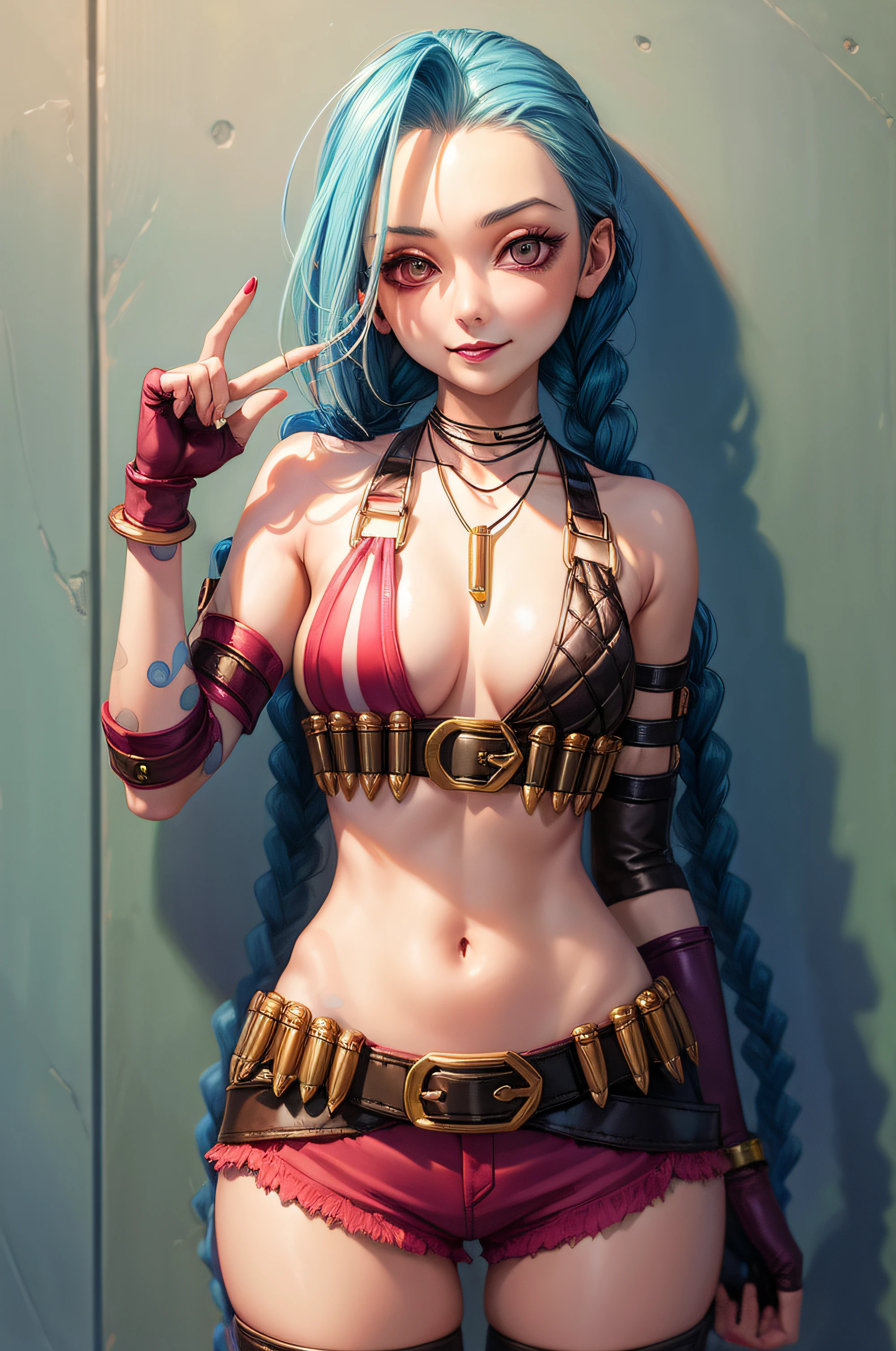 (masterpiece, best quality:1.2), intricate details, jinx \(league of legends\), 1girl, twin braids, single elbow glove, short shorts, bikini top only, necklace, belt, bullet, fingerless gloves