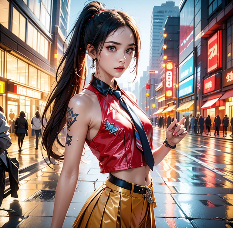 masterpiece, highest quality, realistic, subsurface scattering, chromatic lighting, colorized, red + yelloreen + blue limited color palette, detailed concept drawing, line-art, illustration, cyberpunk, 18yo 1girl,small breasts, extrovert, ponytail hair, punk outfit, necktie, pleated, America city, club, people, wet detailed background