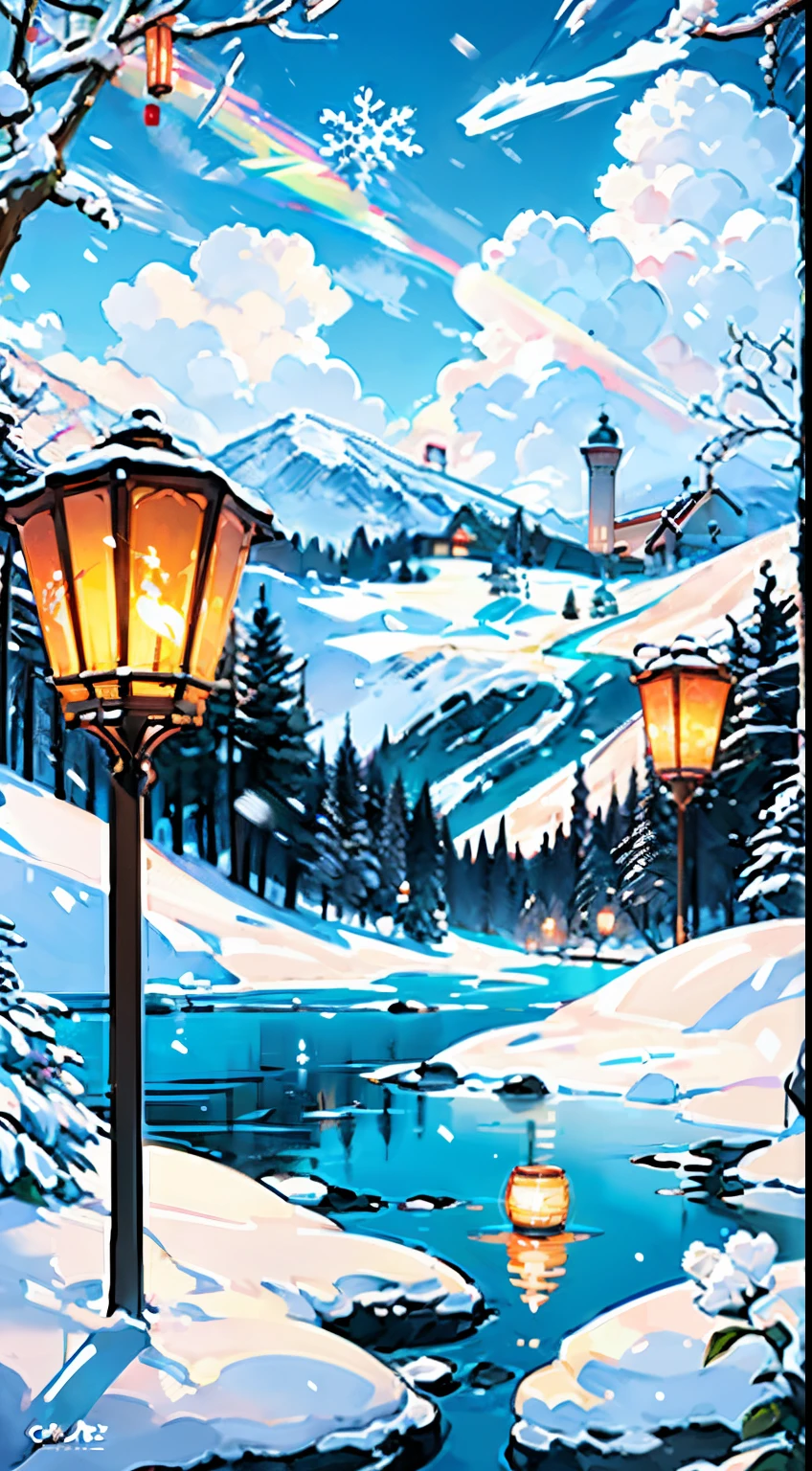 Cold winter,down view, Flowers and trees near lanterns, lake in the distance, Snowy mountains in the distance, A lot of clouds, very bright lights, a bird in the sky, break art, (Warm light source: 1.2), Lots of blue and green, Complicated details, Volumetric lighting BREAK (tmasterpiece: 1.2), (Best quality at best), 4K, ultra - detailed, (dynamic combination: 1.4), Detailed pubic hair, Colorful, (Iridescent: 1.2), (Glow, ambientlighting), , (own: 1.2),No characters