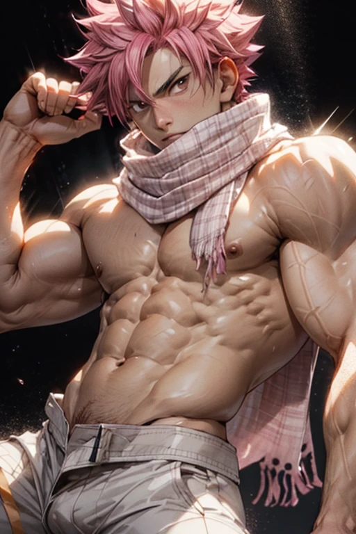 masterpiece, best quality red eyes, game cg, 1boy naked and scrotum and V-Line body, solo, male focus, (looking at viewer), upper body natsu_dragneel Natsu Dragneel, pink hair, brown eyes, shirtless naked, ((white scarf:1.2)), toned muscle pectorals, 8 abs, toned legs, legs, slightly bulged, detailed, spotlighting, spotlight, black background of photo studio