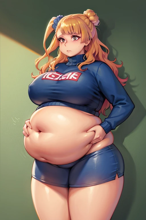 Fat, chubby, large belly, pregnant, obese, very fat, Galko, big belly, very fat, large stomach, chubby (best quality, masterpiece), thanksgiving, wearing sweater, weighting herself, using a scale, seeing how much she weights on a scale, pregnant woman standing on a scale with her stomach exposed, pregnancy, full body wide shot, pregnant, standing posture, pregnant belly, full body image, standing pose, pregnant female