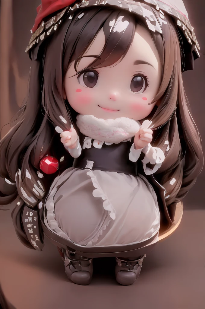 amasterpiece, best quality, 8k, cinematic light, ultra high res, chibi, cute doll smiling sitting on a sleigh, (bigfeet:0.4), (bighands:0.4)black hair, christmas steampunk dress, christmas hair ribbons, white pantyhose, red pumps, magical night, winter night, magical sparks floating, falling snow, dark shadows, ((dark fantasy)),