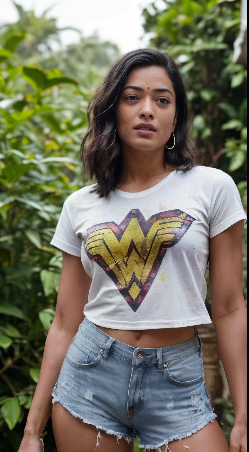 (photo of   Rashmika Mandanna ) ( tall woman, sexy, (random paparazzi photo, full body shot) ) [detailed sexy skin texture, attractive texture, detailed  environment] (wearing a wonder woman printed big lose t shirt on outdoor club party ) (hyper photorealistic detailed environment) (detailed textures) ( perfect body parts, detailed facial features, (ultra realistic lighting) 85mm, 100mm lens )