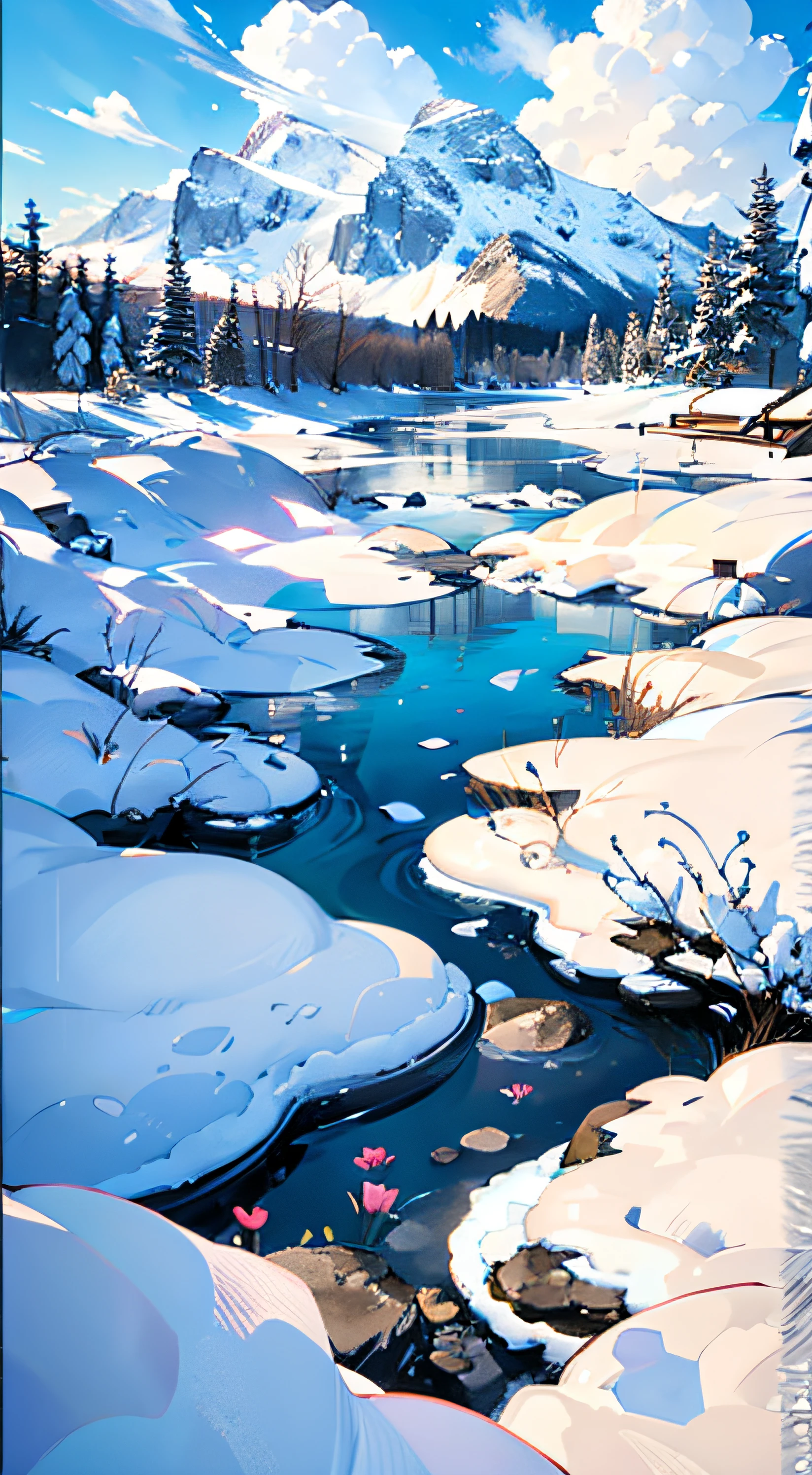 Cold winter，down view, Flowers and trees near lanterns, lake in the distance, Snowy mountains in the distance, A lot of clouds, very bright lights, , break art, (Warm light source: 1.2), Lots of blue and green,, Volumetric lighting BREAK (tmasterpiece: 1.2), (Best quality), 4K, ultra - detailed, (dynamic combination: 1.4),  (Iridescent: 1.2), (Glow, ambientlighting), , (own: 1.2)，no character