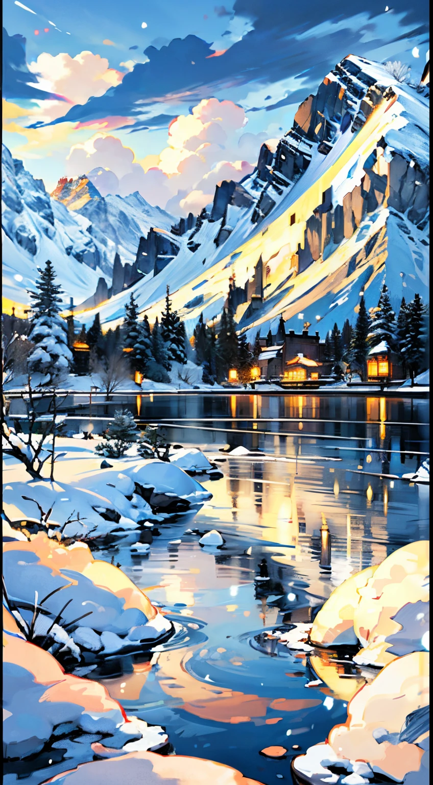 Cold winter,down view, Flowers and trees near lanterns, lake in the distance, Snowy mountains in the distance, A lot of clouds, very bright lights, , break art, (Warm light source: 1.2), Lots of blue and green,, Volumetric lighting BREAK (tmasterpiece: 1.2), (Best quality at best), 4K, ultra - detailed, (dynamic combination: 1.4), (Iridescent: 1.2), (Glow, ambientlighting), , (own: 1.2),No characters